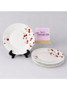 Old East Main CHERRIES Red  White Ceramic Salad Side 7.5" Plates Set Of 4 NEW